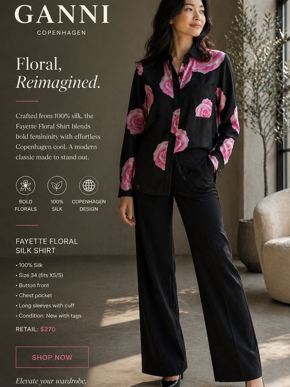 GANNI Fayette Silk Rose Print Blouse-NWT-Size 34-S/XS - Picture 2 of 7